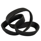 Black knot ornament with a broad upper loop and overlapping flattened bands on a white background.