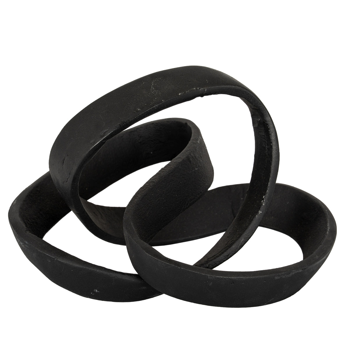 Black knot ornament with a broad upper loop and overlapping flattened bands on a white background.