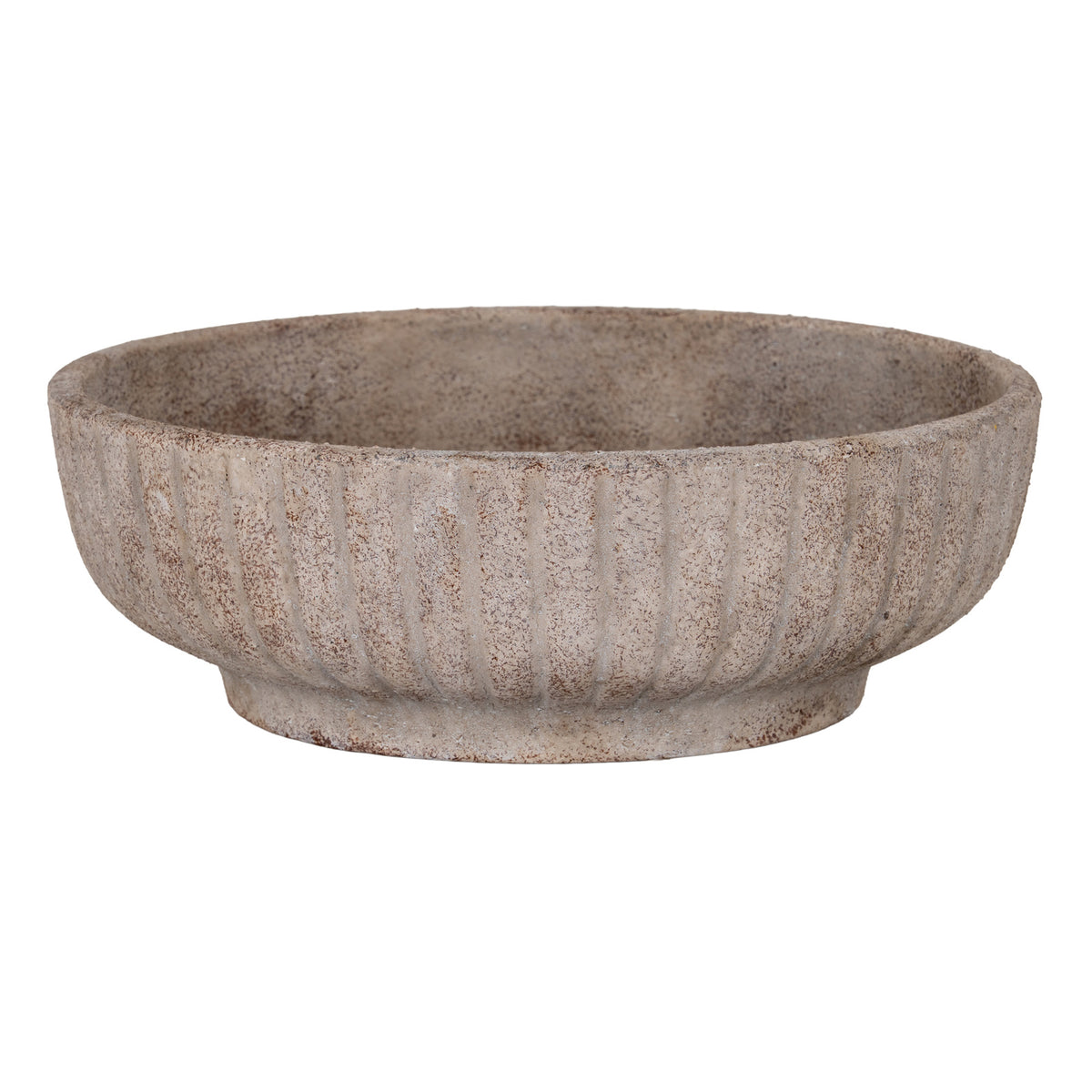 Grey-beige decorative bowl with brown flecking, vertical fluting and a low circular foot, viewed from the front and slightly above to show the open interior.