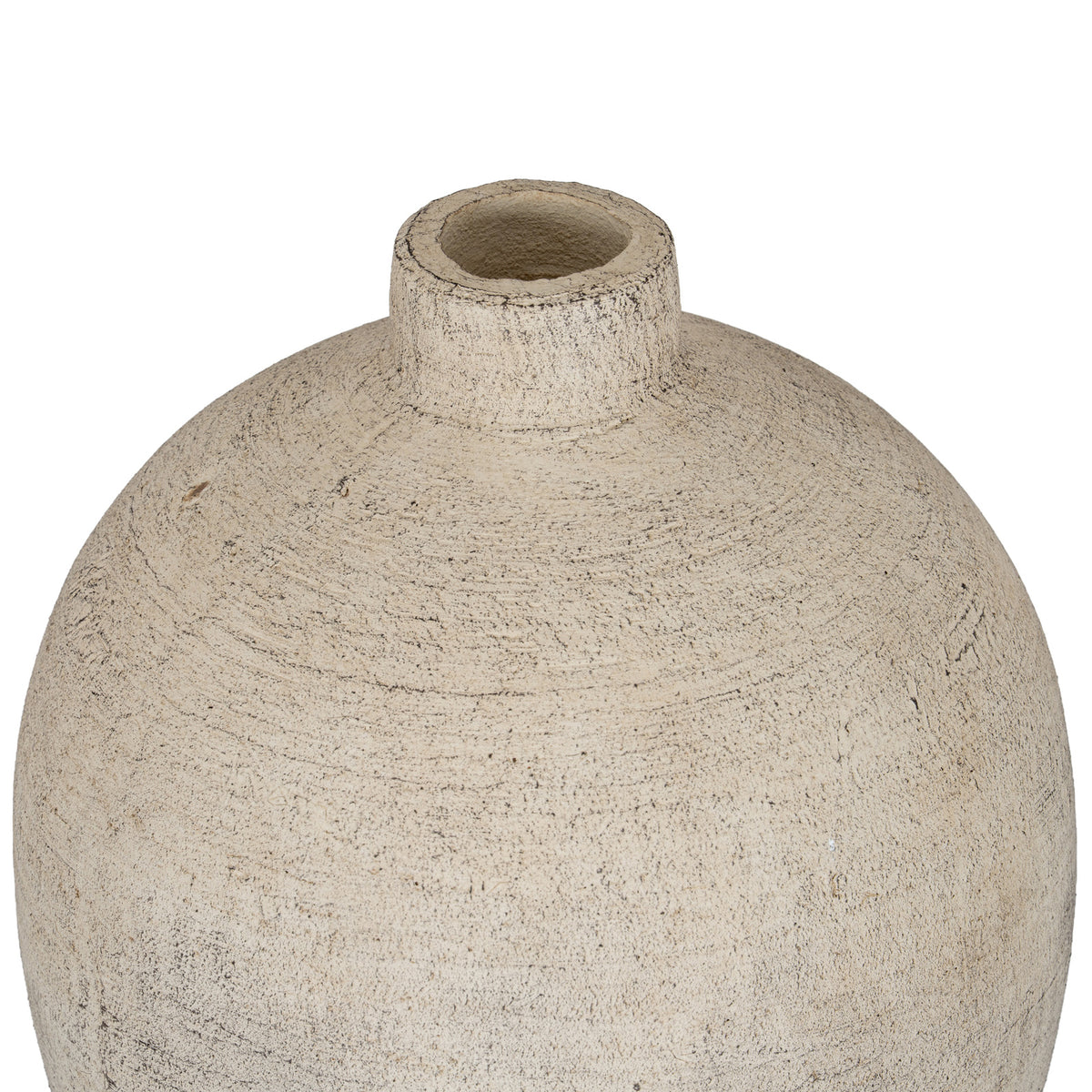 Close view from above of the vase's circular opening, short neck and textured cream shoulders with dark markings.