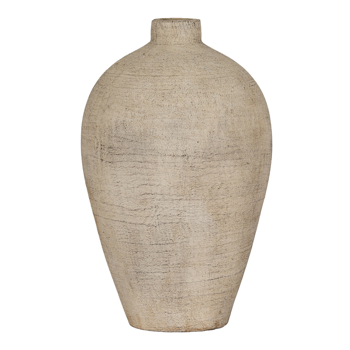 Full view of the cream Fleckmark Vase with broad rounded shoulders, a short neck and a tapered base against white.