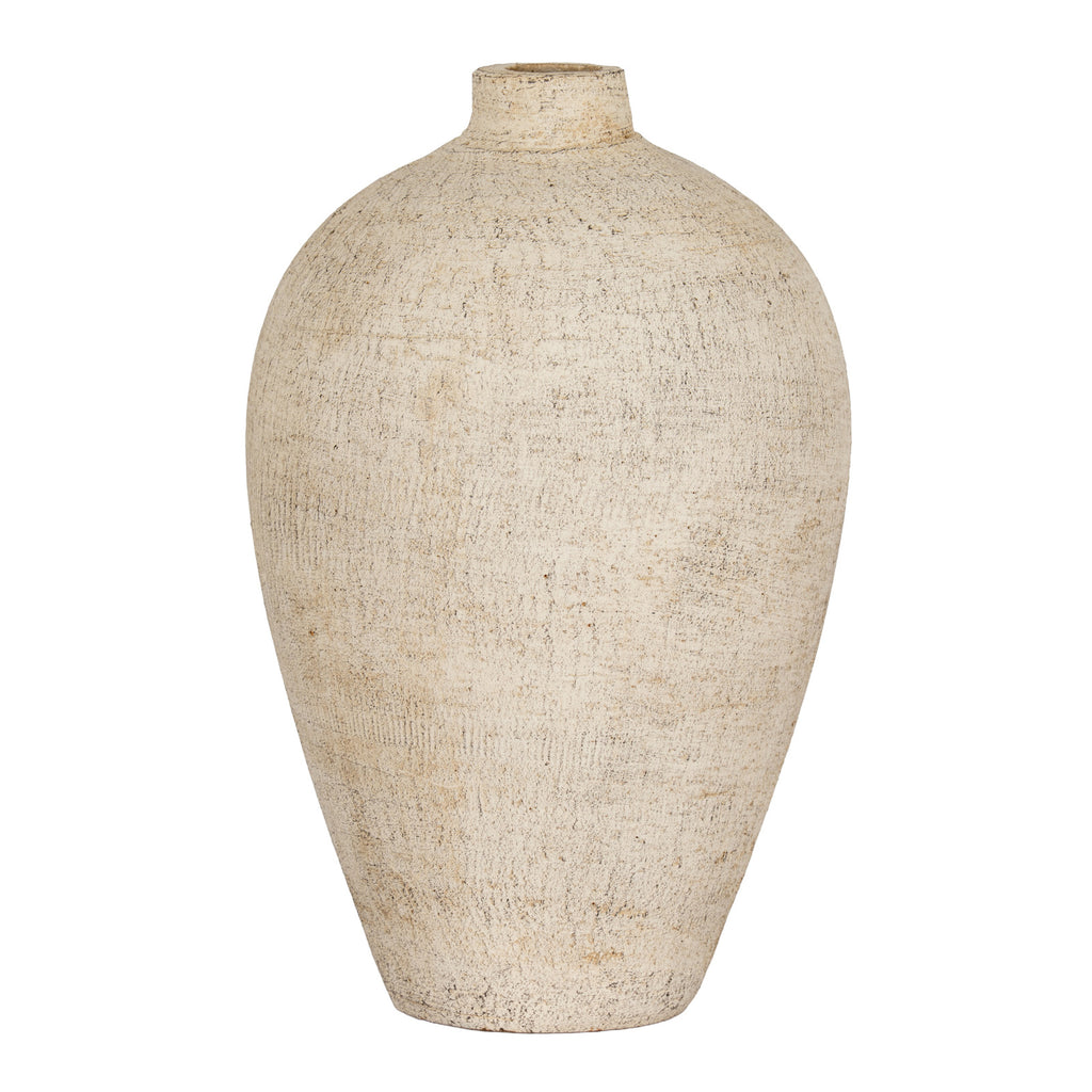 Cream Fleckmark vase with a rounded body, short neck and tapered base against a white background.
