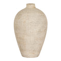 Cream Fleckmark vase with a rounded body, short neck and tapered base against a white background.