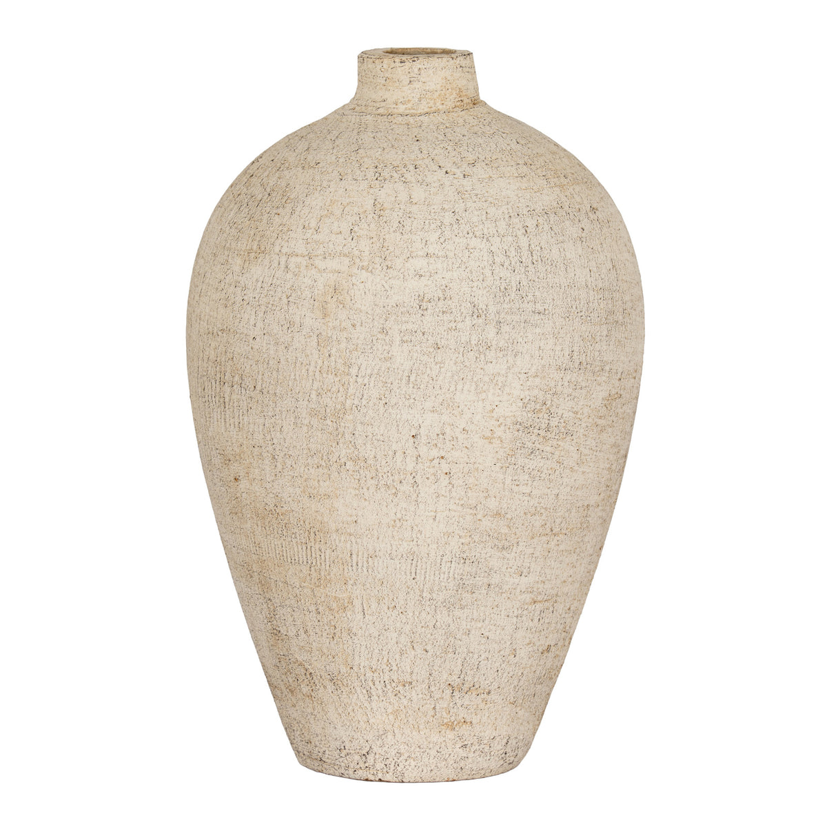 Cream Fleckmark vase with a rounded body, short neck and tapered base against a white background.