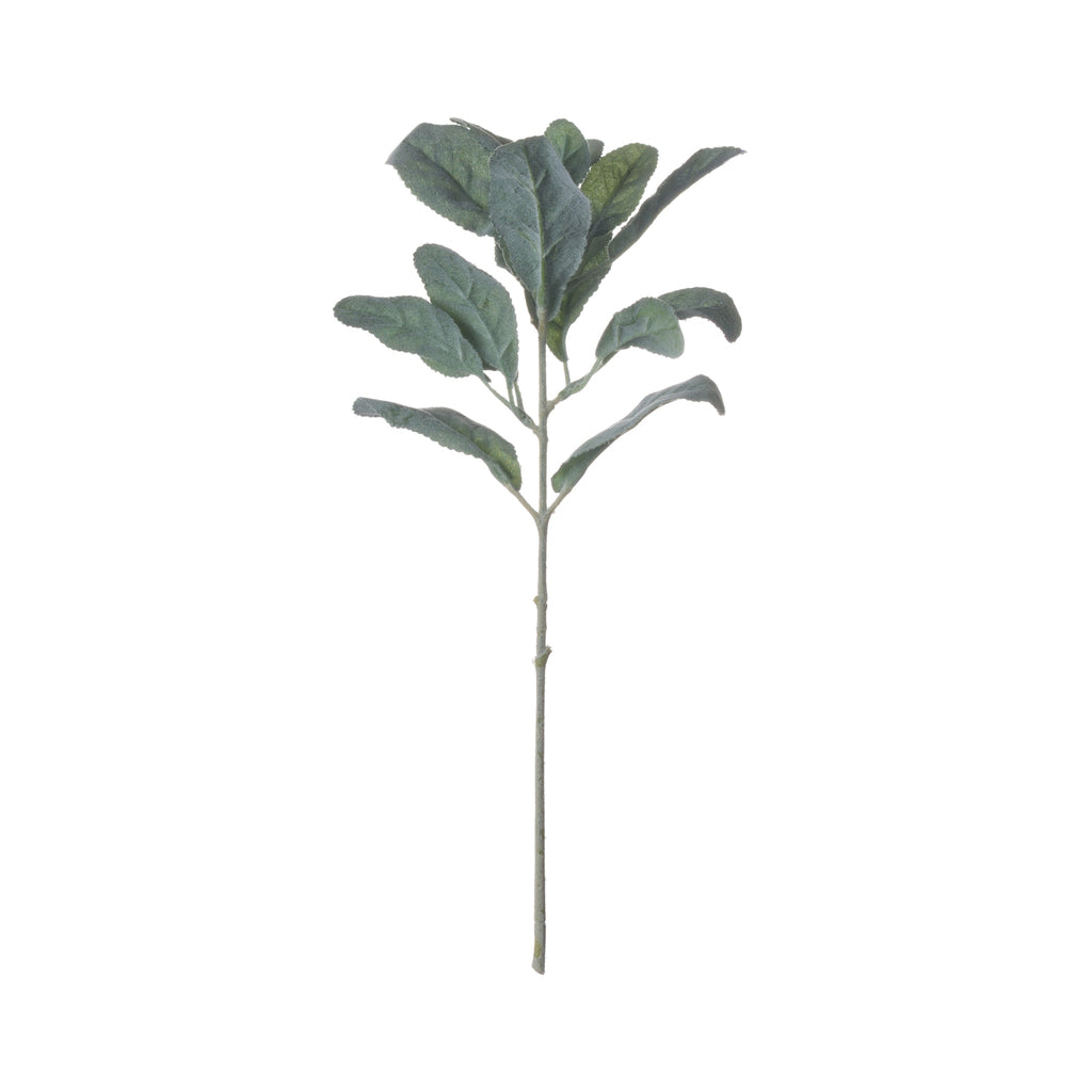 Full view of an artificial foliage spray with a slender stem and branches of rounded, flocked sage-green leaves against white.