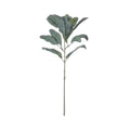 Full view of an artificial foliage spray with a slender stem and branches of rounded, flocked sage-green leaves against white.