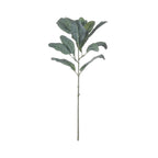 Full view of an artificial foliage spray with a slender stem and branches of rounded, flocked sage-green leaves against white.