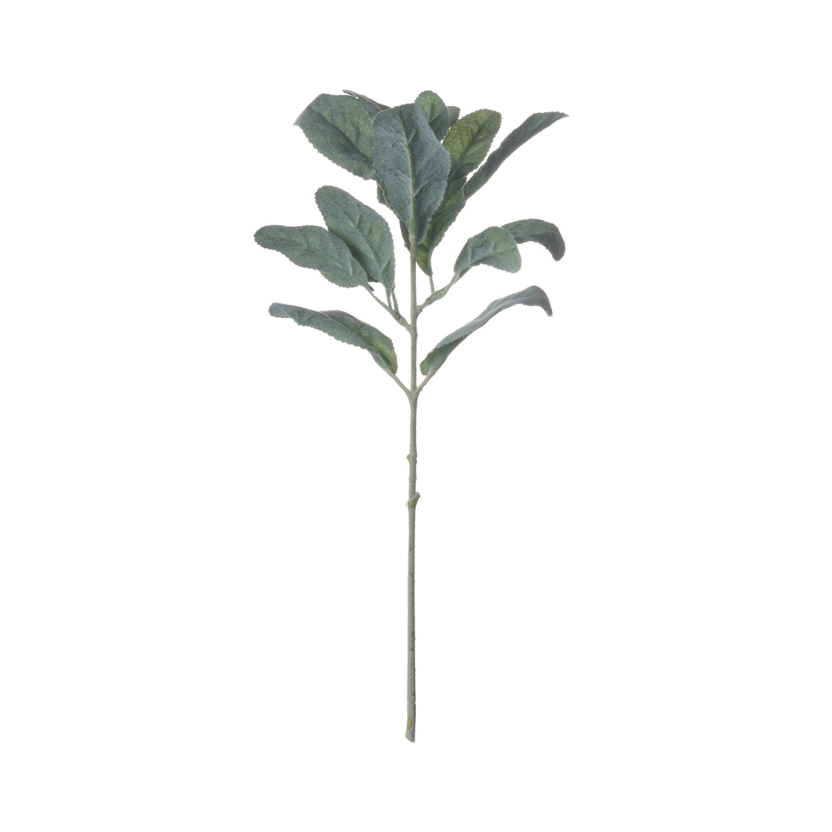 Full view of an artificial foliage spray with a slender stem and branches of rounded, flocked sage-green leaves against white.