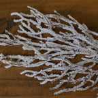 Close-up of the branch's fine angular twigs, showing granular white snow-effect coating and exposed brown patches against wood.