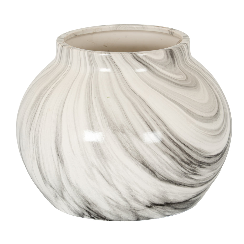 Flowband Bowl Planter with a broad rounded body, wide opening and flowing grey and black bands on glossy white.