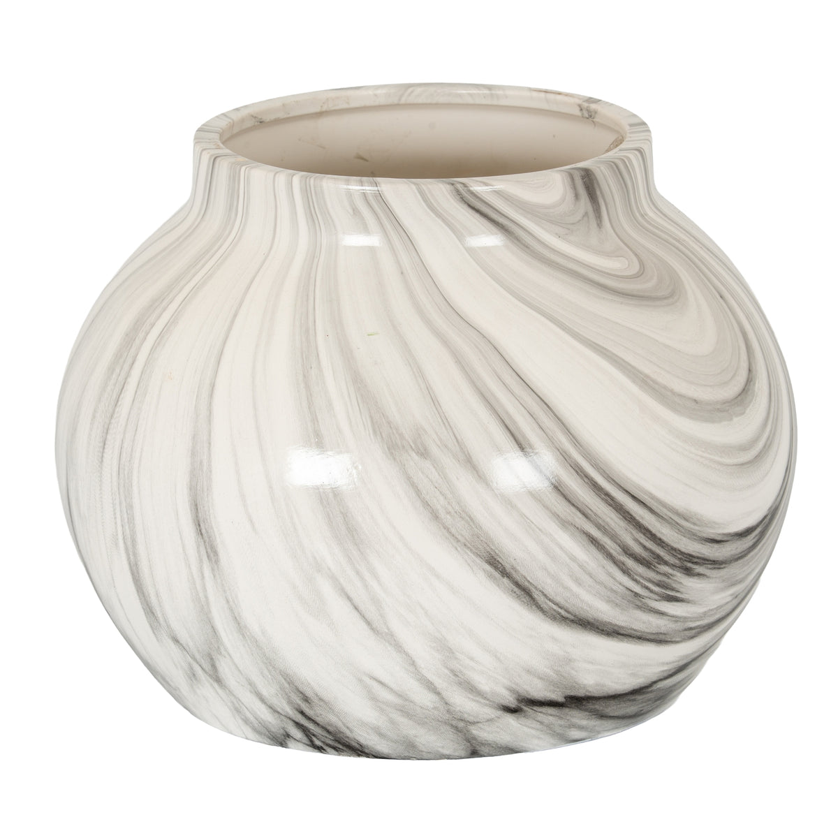 Flowband Bowl Planter with a broad rounded body, wide opening and flowing grey and black bands on glossy white.