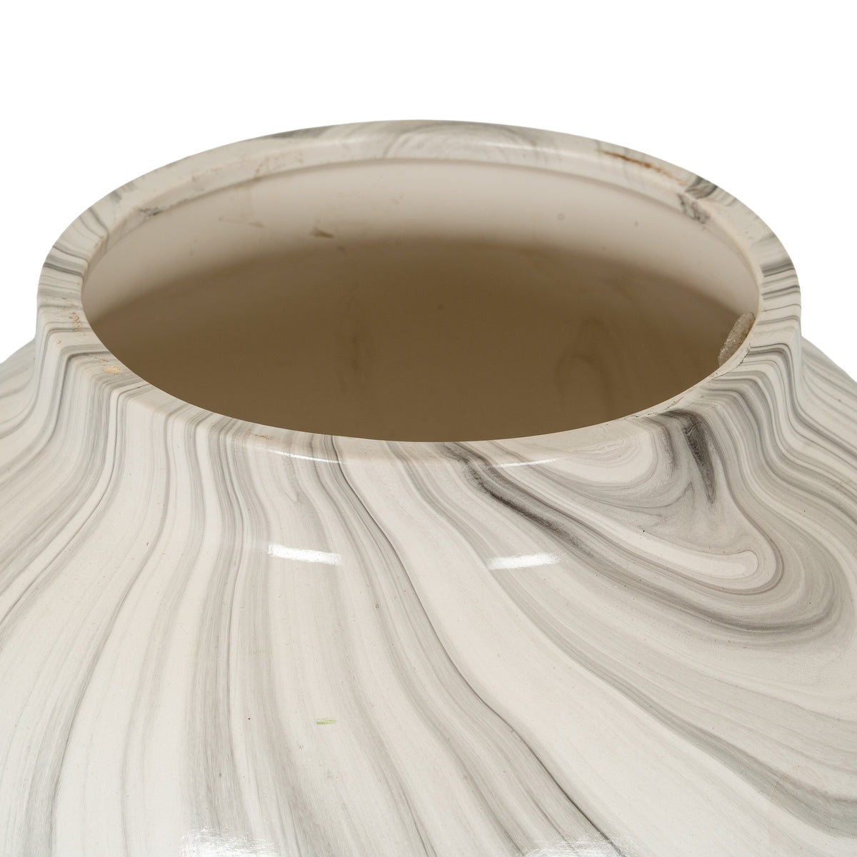 Close view of the planter's circular opening and short rim, with fine grey bands curving over the glossy white shoulder.