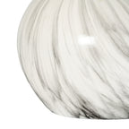 Detail of the planter's lower curved body, showing pale grey streaks and darker bands sweeping towards the flat base.
