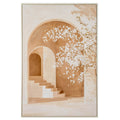 Pale framed portrait artwork showing sandy-brown arches, cream steps leading to a recessed doorway and white flowering branches sweeping across the right side.