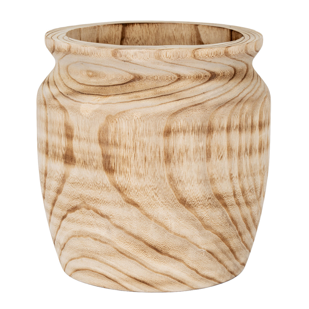 Flowgrain vase on a white background, showing its rounded body, narrowed neck and broad open rim with flowing brown markings.