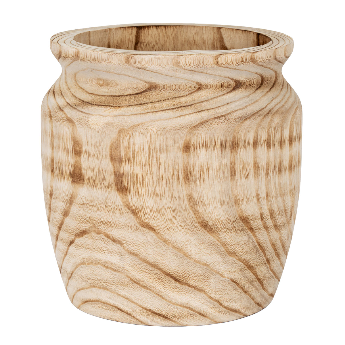 Flowgrain vase on a white background, showing its rounded body, narrowed neck and broad open rim with flowing brown markings.