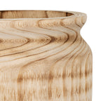 Close-up of the vase's flared rim and curved shoulder, with brown bands and fine flecking across the pale beige surface.