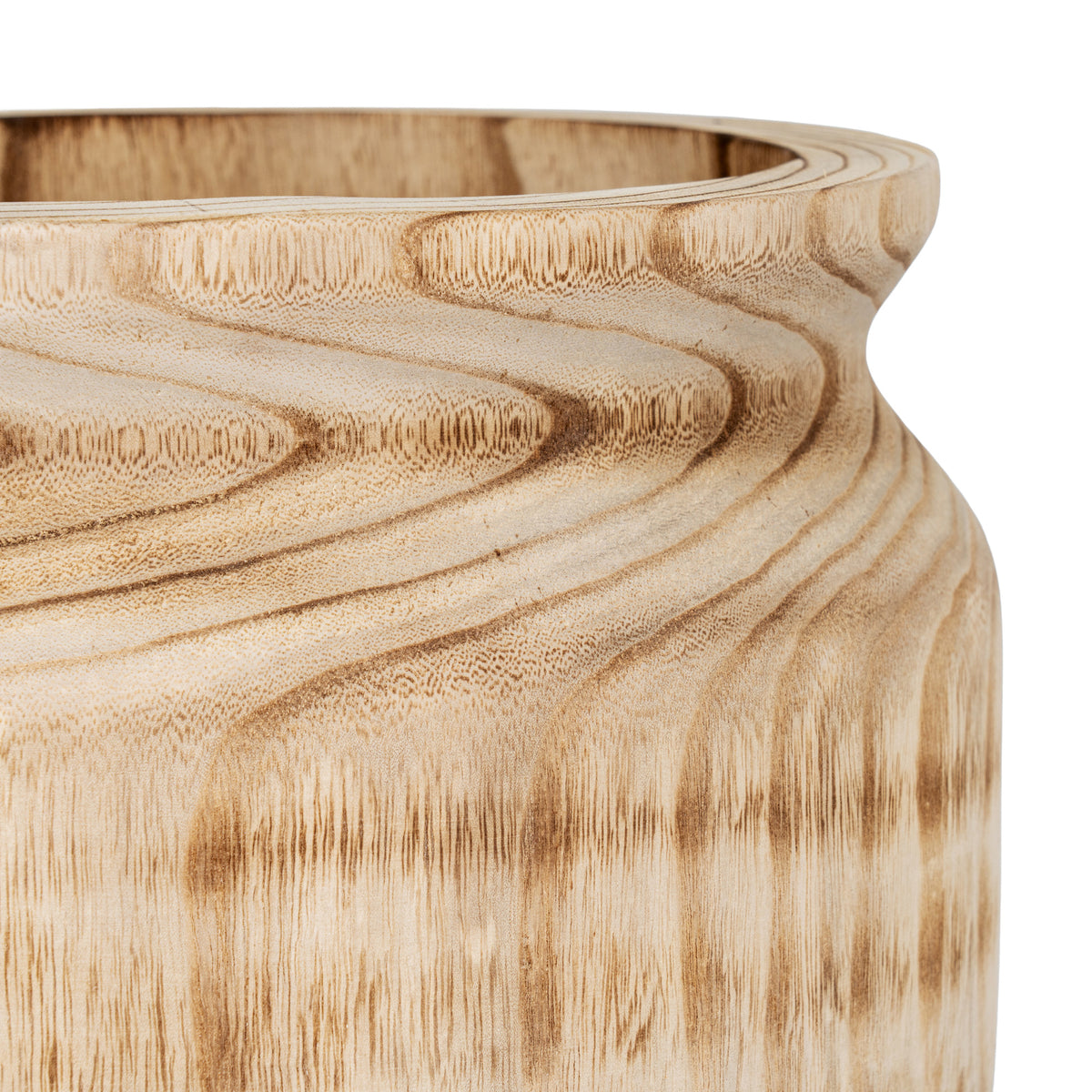 Close-up of the vase's flared rim and curved shoulder, with brown bands and fine flecking across the pale beige surface.