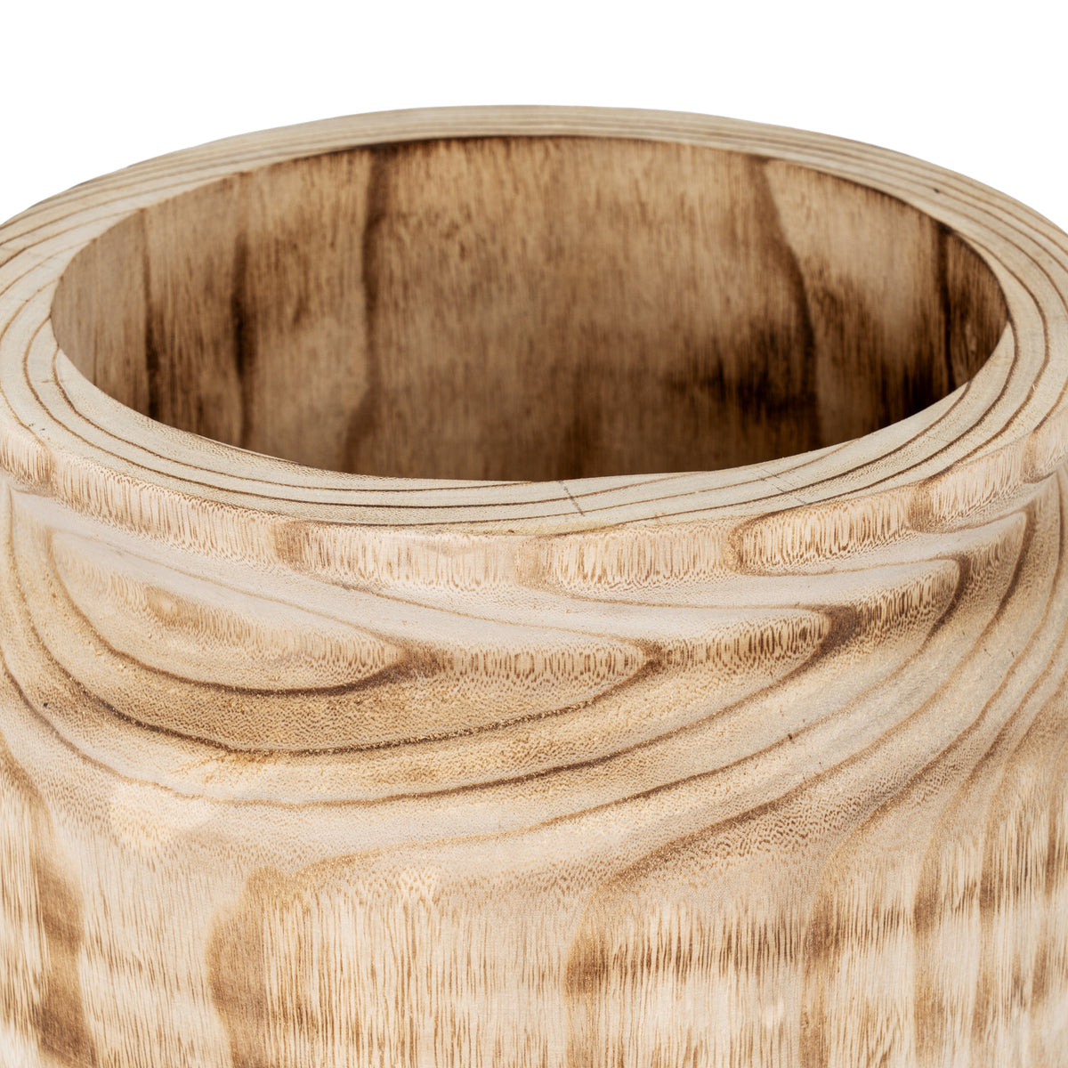 View from above the vase's opening, showing the thick rim with fine brown lines and the patterned inner wall.