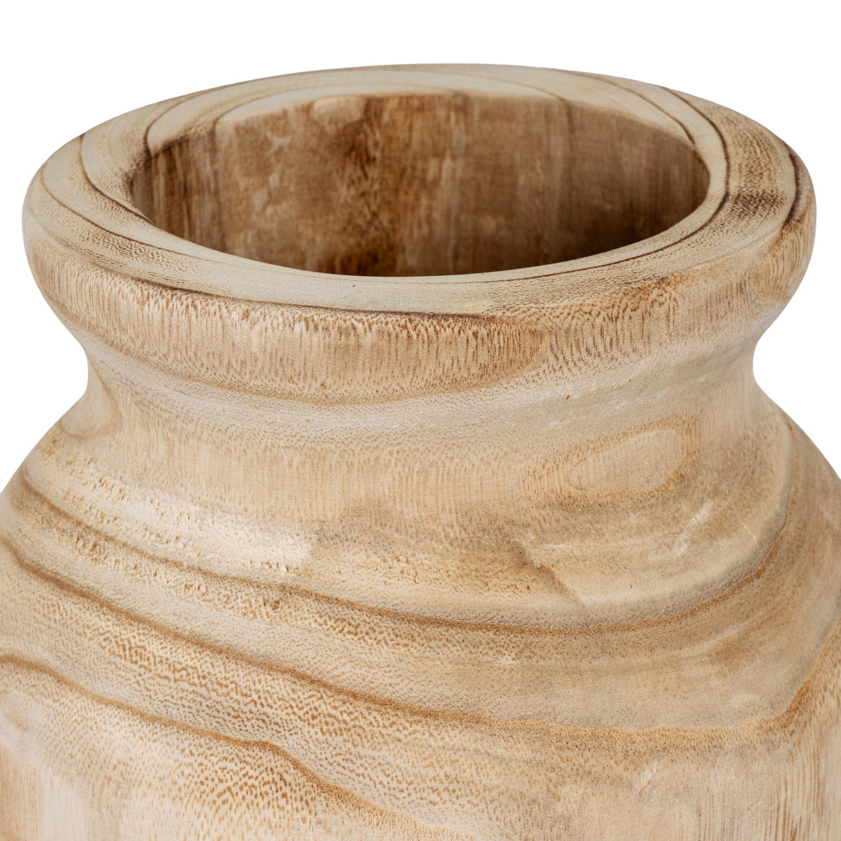 View from above of the vase's open mouth and broad rounded rim, with brown grain-like bands around the neck below.