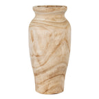 Tall pale beige vase with flowing brown markings, a flared rounded rim and a body that tapers towards the base.