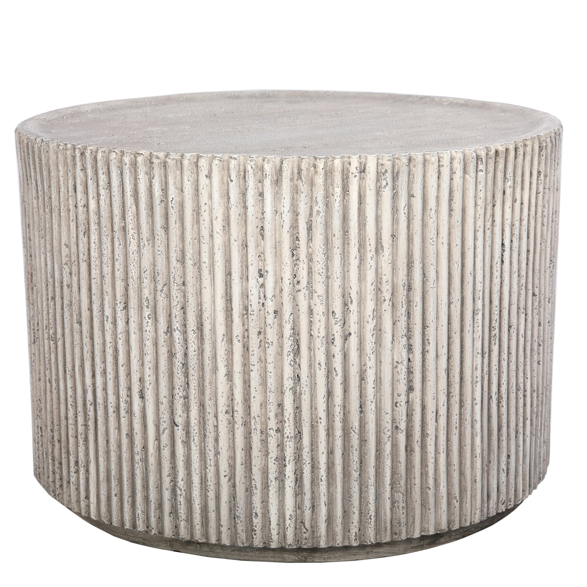 Flute Coffee Table viewed slightly from above, showing its pale grey circular top, fluted sides and recessed base.