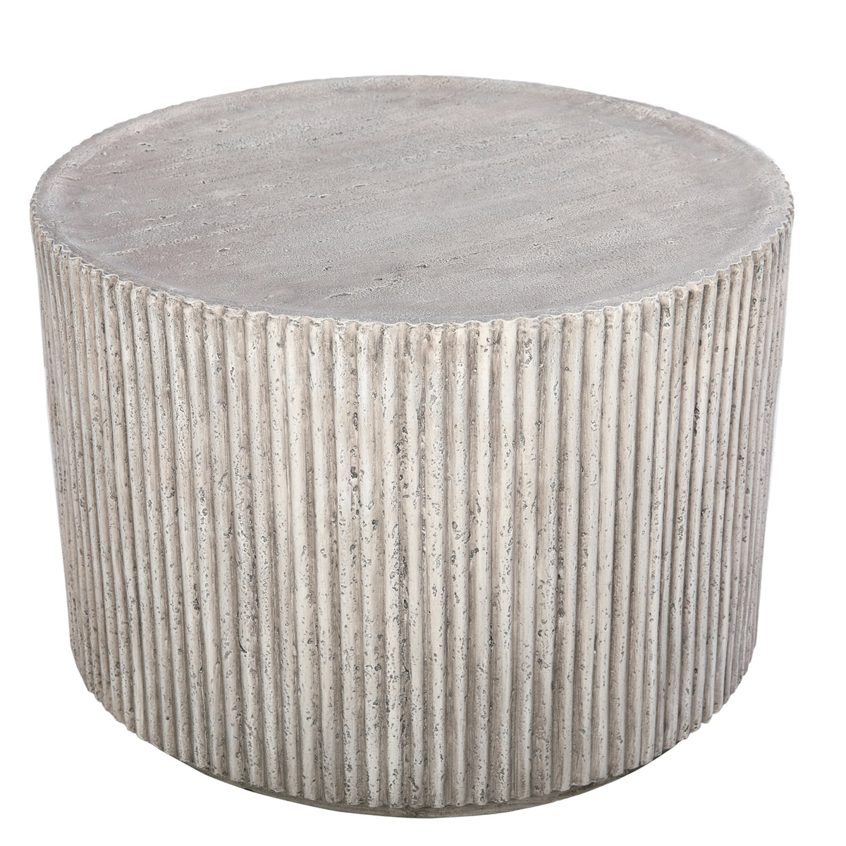 Elevated view of the Flute Coffee Table showing cloudy markings across the round top and closely spaced vertical flutes.
