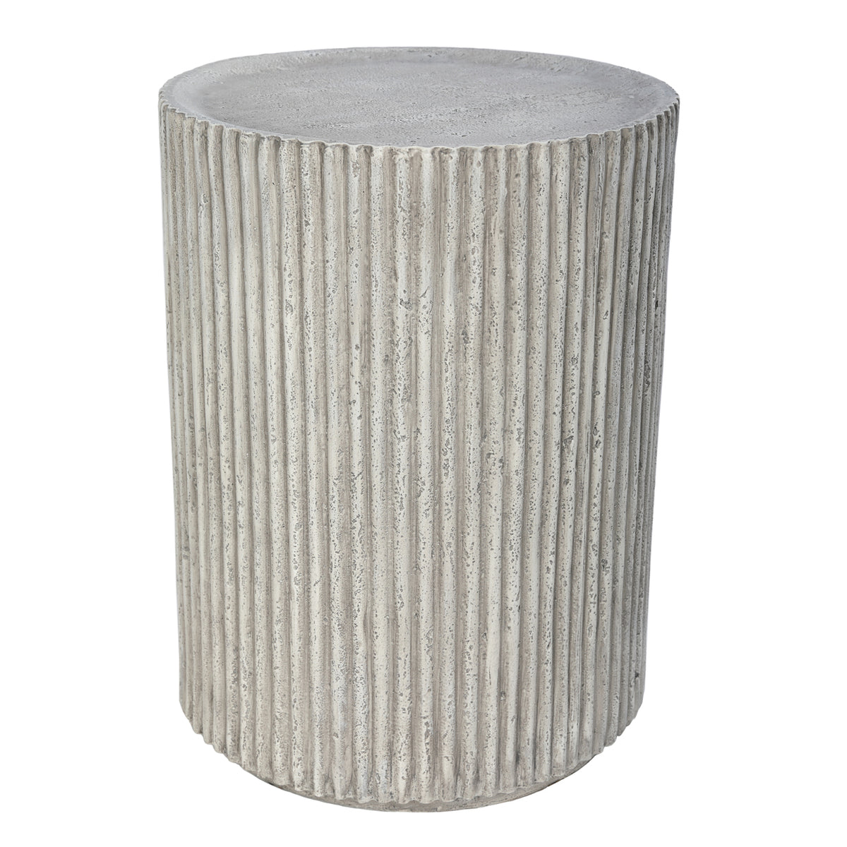 Flute Side Table viewed slightly from above, showing its circular grey top and closely spaced vertical flutes.