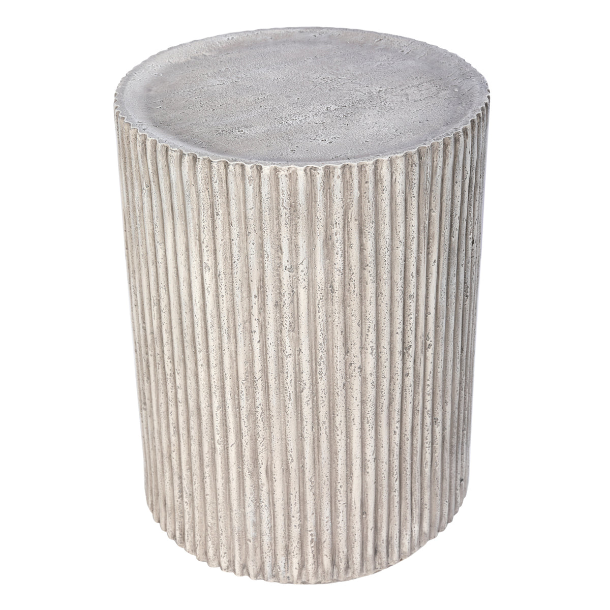 Higher angled view of the Flute Side Table showing the textured circular top, uneven rim and pale fluted sides.