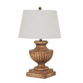 Fluted Bowlurn Table Lamp with a warm-brown urn base, stepped square plinth, pale tapered shade and ball finial against white.