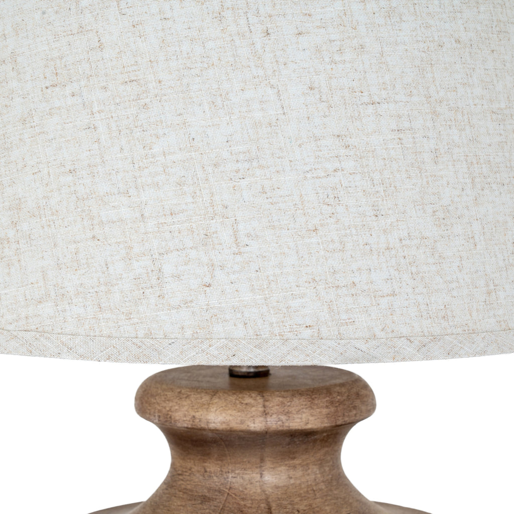 Detail of the pale shade's woven texture and lower edging above the rounded brown neck of the lamp.