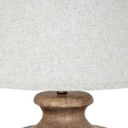 Detail of the pale shade's woven texture and lower edging above the rounded brown neck of the lamp.
