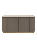 Front view of the kitchen island with a marble top, taupe fluted cabinet panels, rounded ends and gold-toned vertical accents and base against a white background.