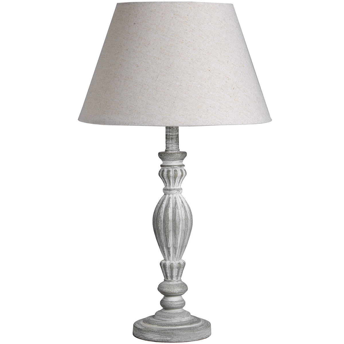 Fluted Collar Table Lamp with a light tapered shade, pale grey fluted stem and stepped circular foot on a white background.