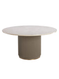 Fluted Column Dining Table shown against a white background, with a round marble top, taupe fluted column base and gold trim at the foot.