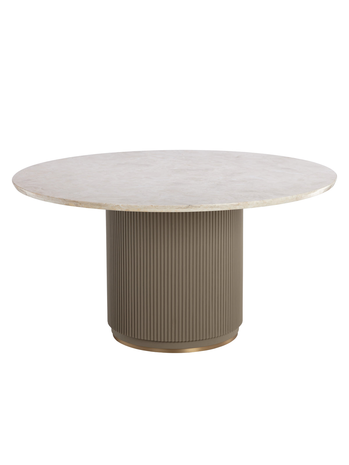 Fluted Column Dining Table shown against a white background, with a round marble top, taupe fluted column base and gold trim at the foot.