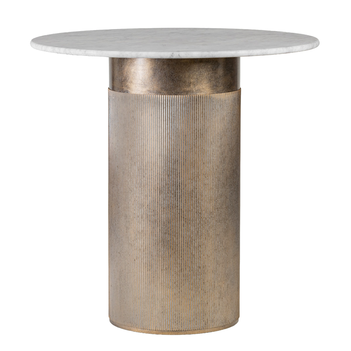 Round bistro table with a pale marble top and champagne gold drum pedestal, showing a smooth upper band and fluted lower section.