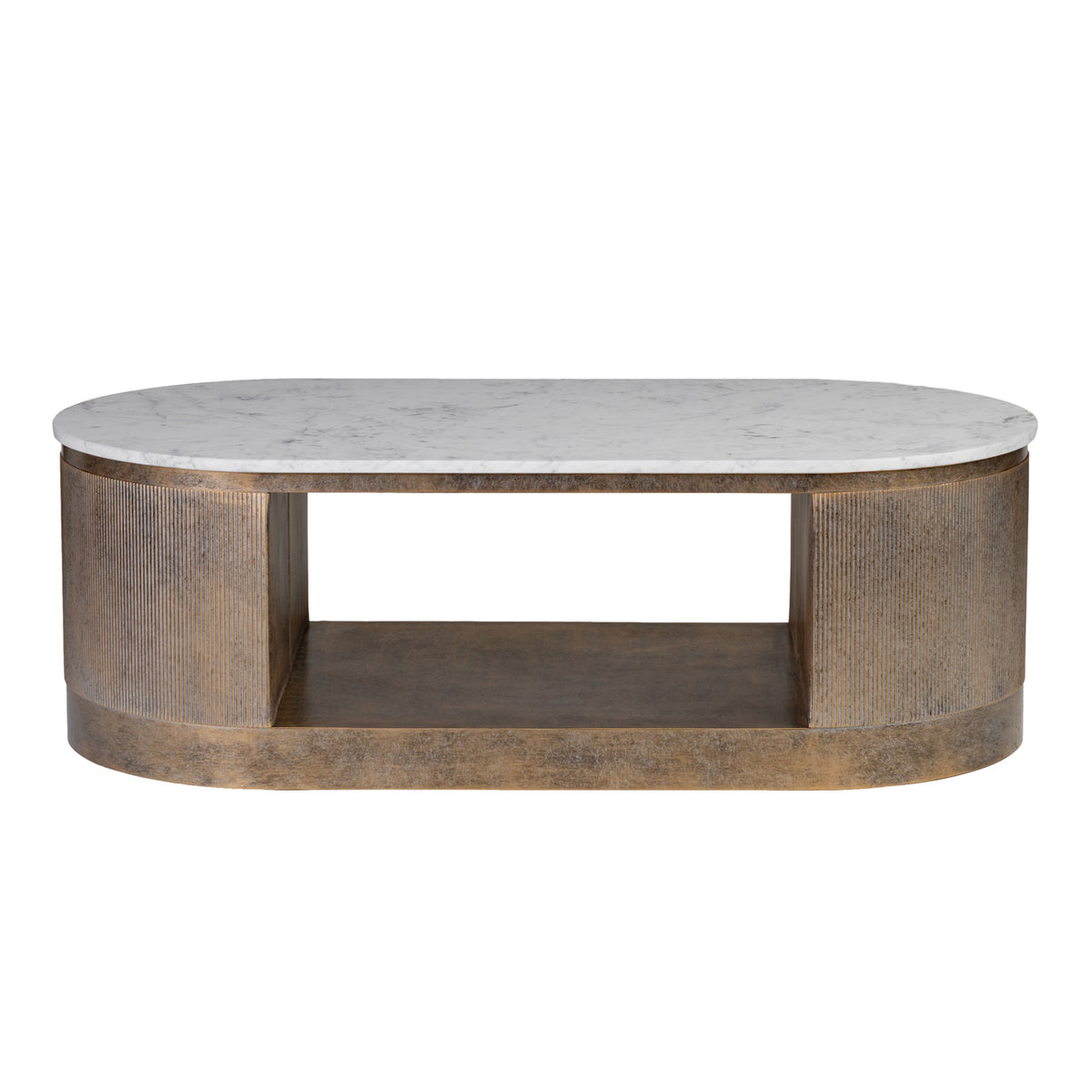 Front view of an oval coffee table with a pale veined marble top, gold-toned fluted curved ends and an open lower shelf on a white background.