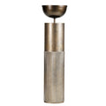 Full view of a gold pedestal planter with a dark rounded bowl, short connecting stem and tall column fluted around its lower section.