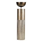 Full view of a gold pedestal planter with a dark rounded bowl, short connecting stem and tall column fluted around its lower section.