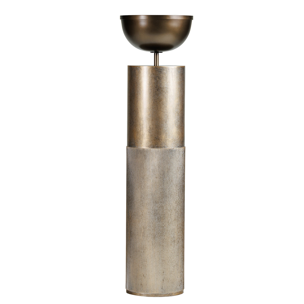 Full view of a gold pedestal planter with a dark rounded bowl, short connecting stem and tall column fluted around its lower section.