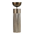 Full view of a gold pedestal planter with a rounded dark bowl above a tall cylindrical column with vertical fluting.