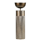 Full view of a gold pedestal planter with a rounded dark bowl above a tall cylindrical column with vertical fluting.