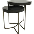 Two round side tables at different heights, angled to show their dark mirrored tops, fluted rims and open metal bases.