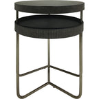 Front view of the two side tables overlapping, with the taller table behind the lower table and their metal bases visible.