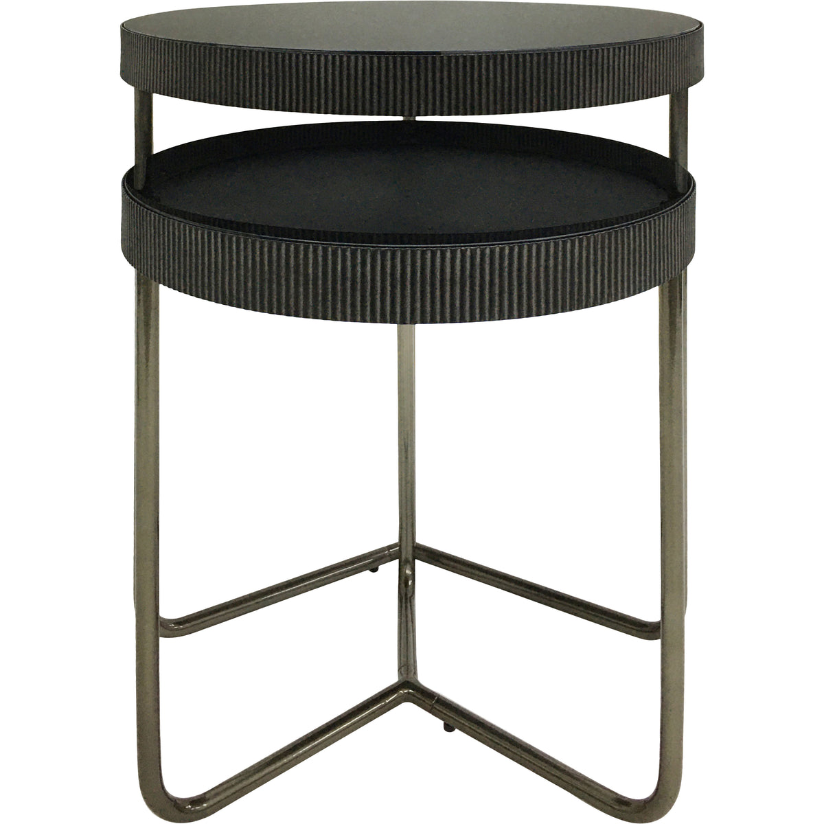 Front view of the two side tables overlapping, with the taller table behind the lower table and their metal bases visible.