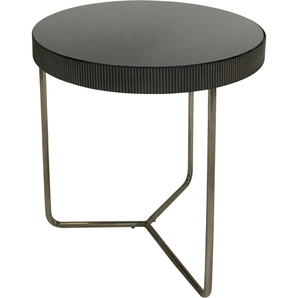Single round side table with a black-tinted mirrored glass top, fluted rim and slender metal supports joined near the floor.
