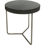 Single round side table with a black-tinted mirrored glass top, fluted rim and slender metal supports joined near the floor.