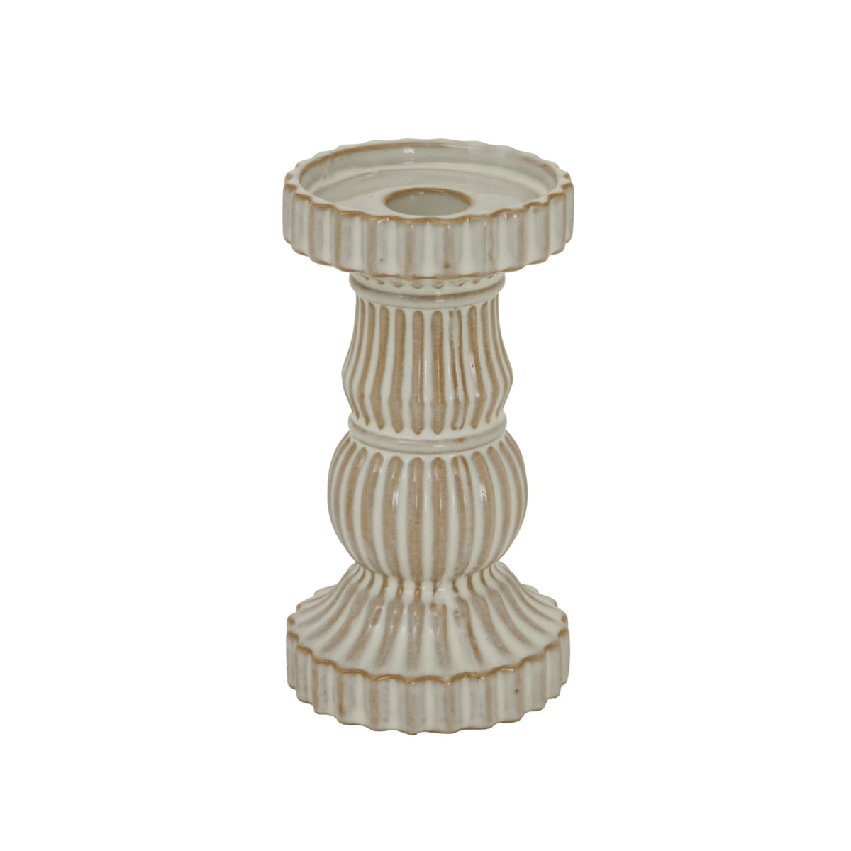 Cream candle holder on a white background, showing its wide circular top, central recess, curved fluted column and broad ribbed foot with warm brown accents.