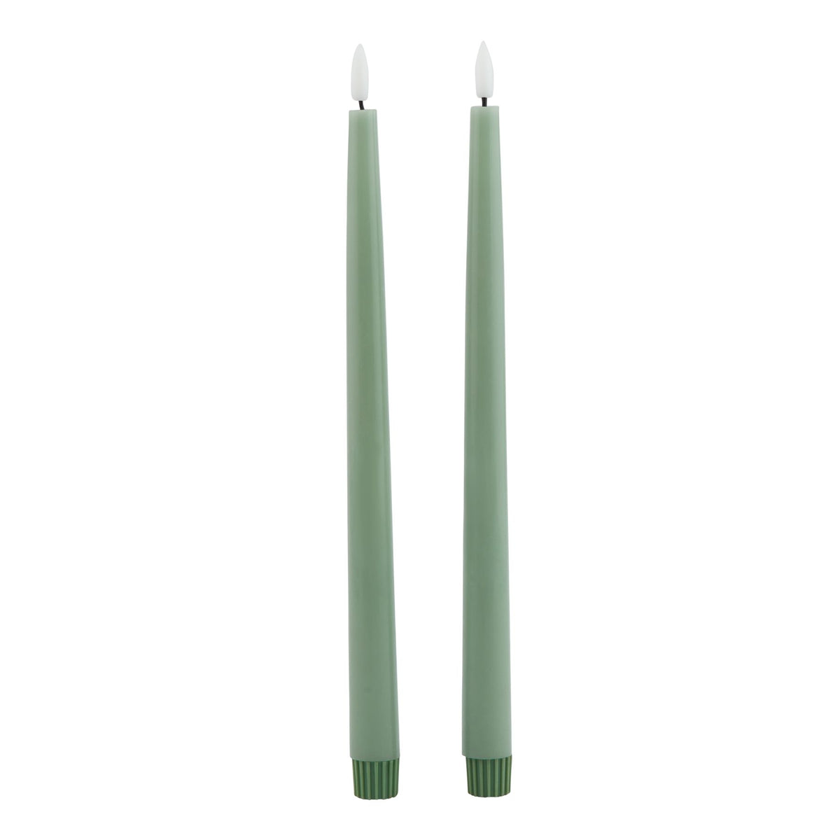 Two slim sage green LED dinner candles with pale flame-shaped inserts and darker ribbed base caps against white.